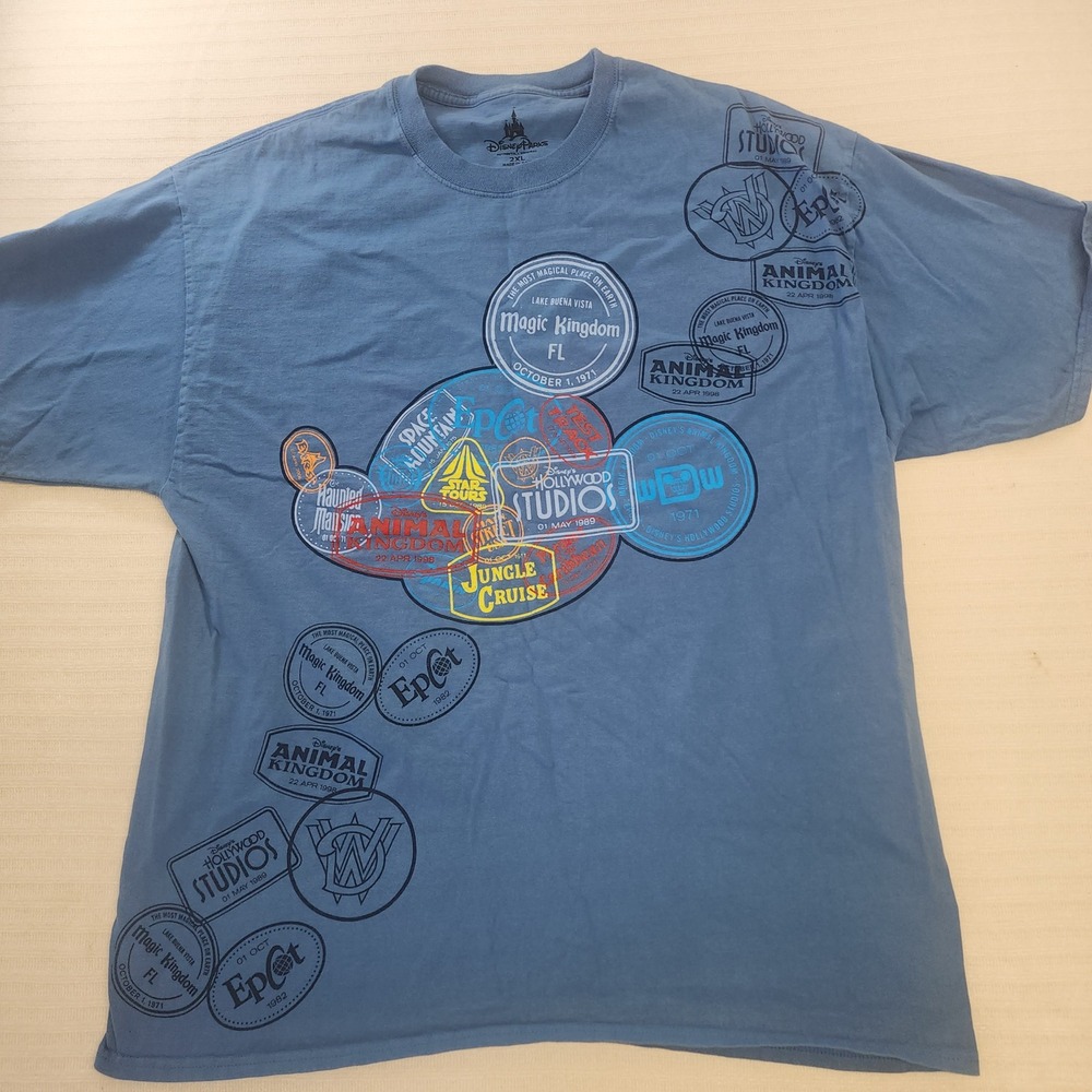 Disney Parks Mens 2XL Blue Passport Stamp Graphic Shirt Walt Disney World Cotton - Picture 2 of 7
